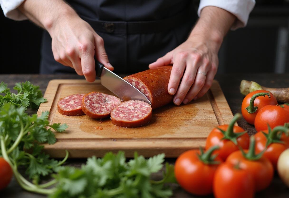 Slicing Chinese sausage in preparation for a flavorful Chinese sausage recipe with vibrant vegetables.