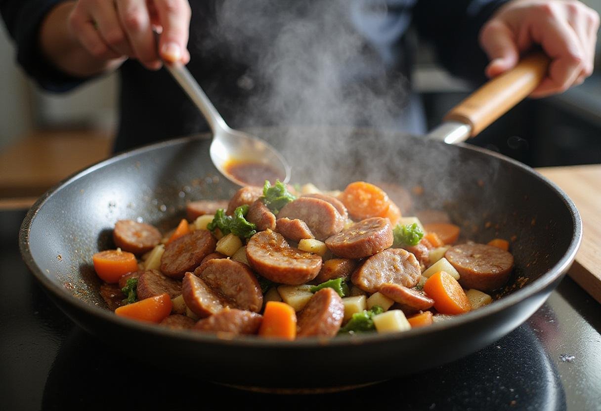 Cooking sliced Chinese sausage and fresh vegetables in a skillet, showcasing a delicious Chinese sausage recipe in progress.
