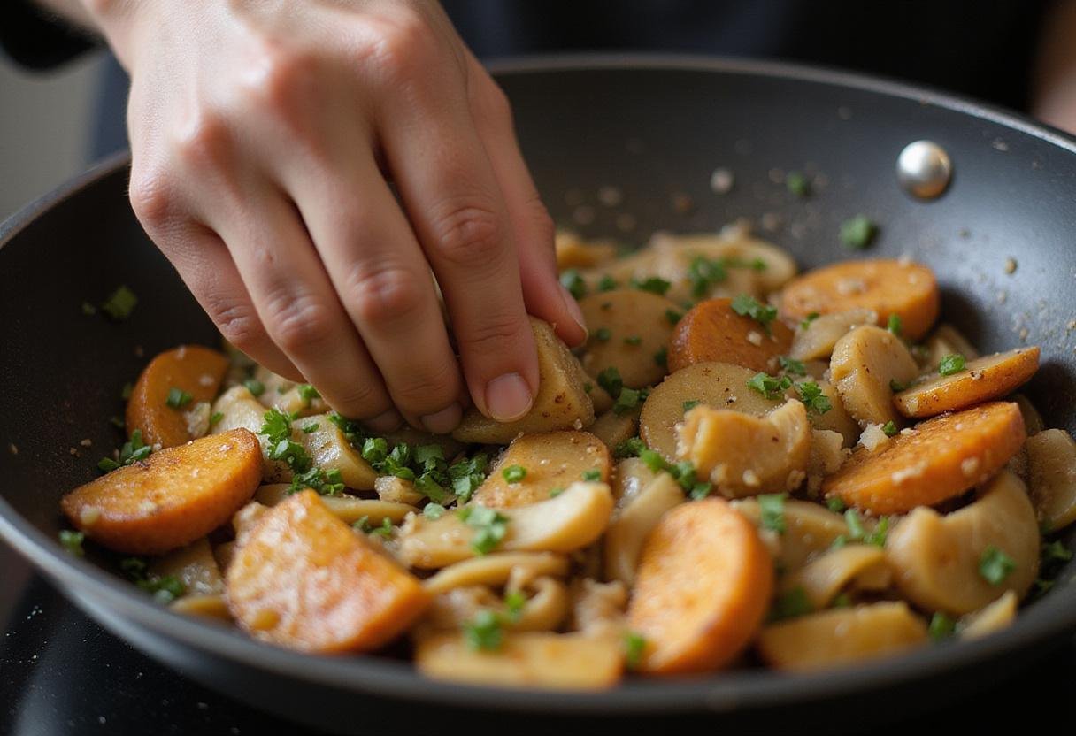 Adding garlic and ginger to the stir-fried Chinese sausage and vegetables, enhancing the authentic taste of the recipe.
