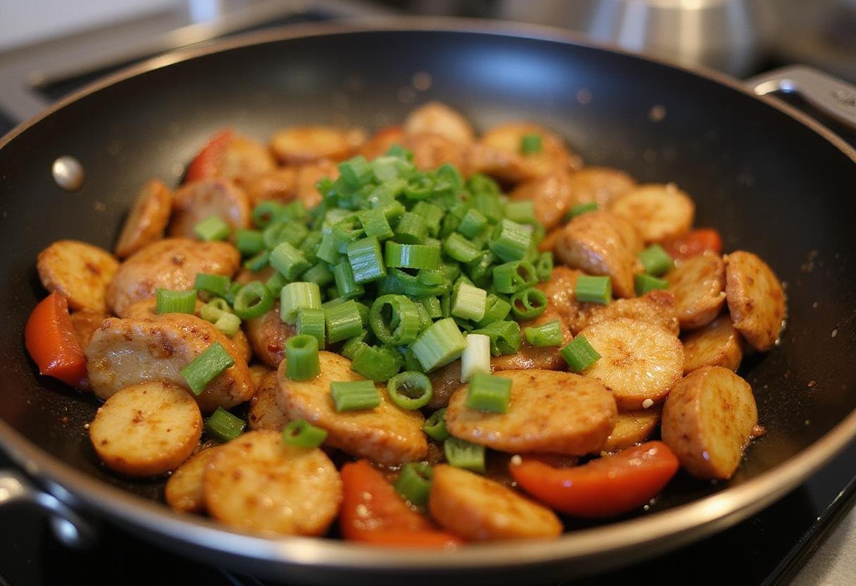 Garnishing the stir-fried Chinese sausage with fresh green onions, completing the vibrant presentation of the Chinese sausage recipe.