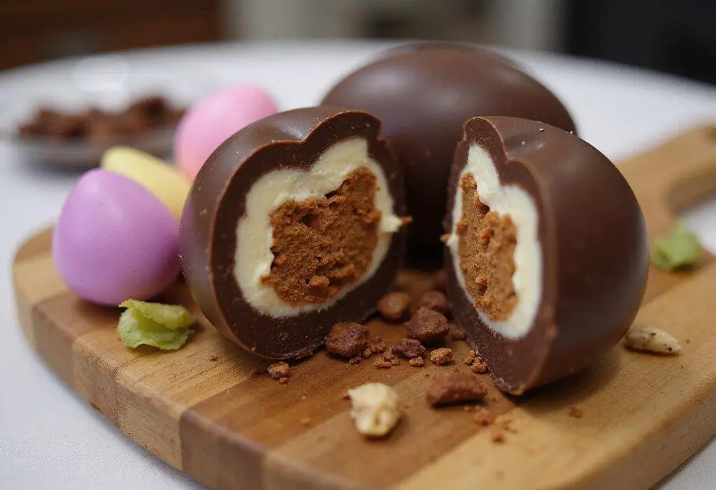 Stunning presentation of chocolate egg surprise, showcasing a delectable filling inside, perfect for celebrations or special occasions.