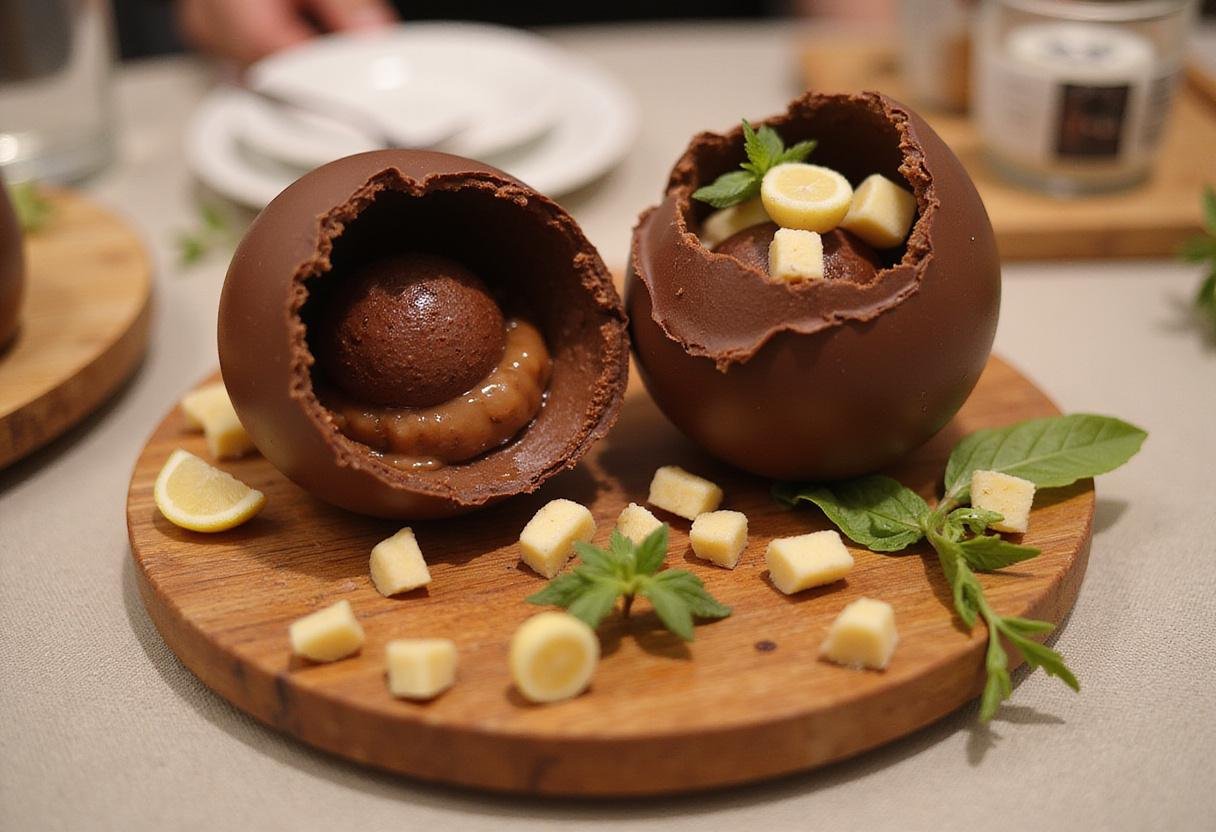 Stunning presentation of chocolate egg surprise, showcasing a delectable filling inside, perfect for celebrations or special occasions.