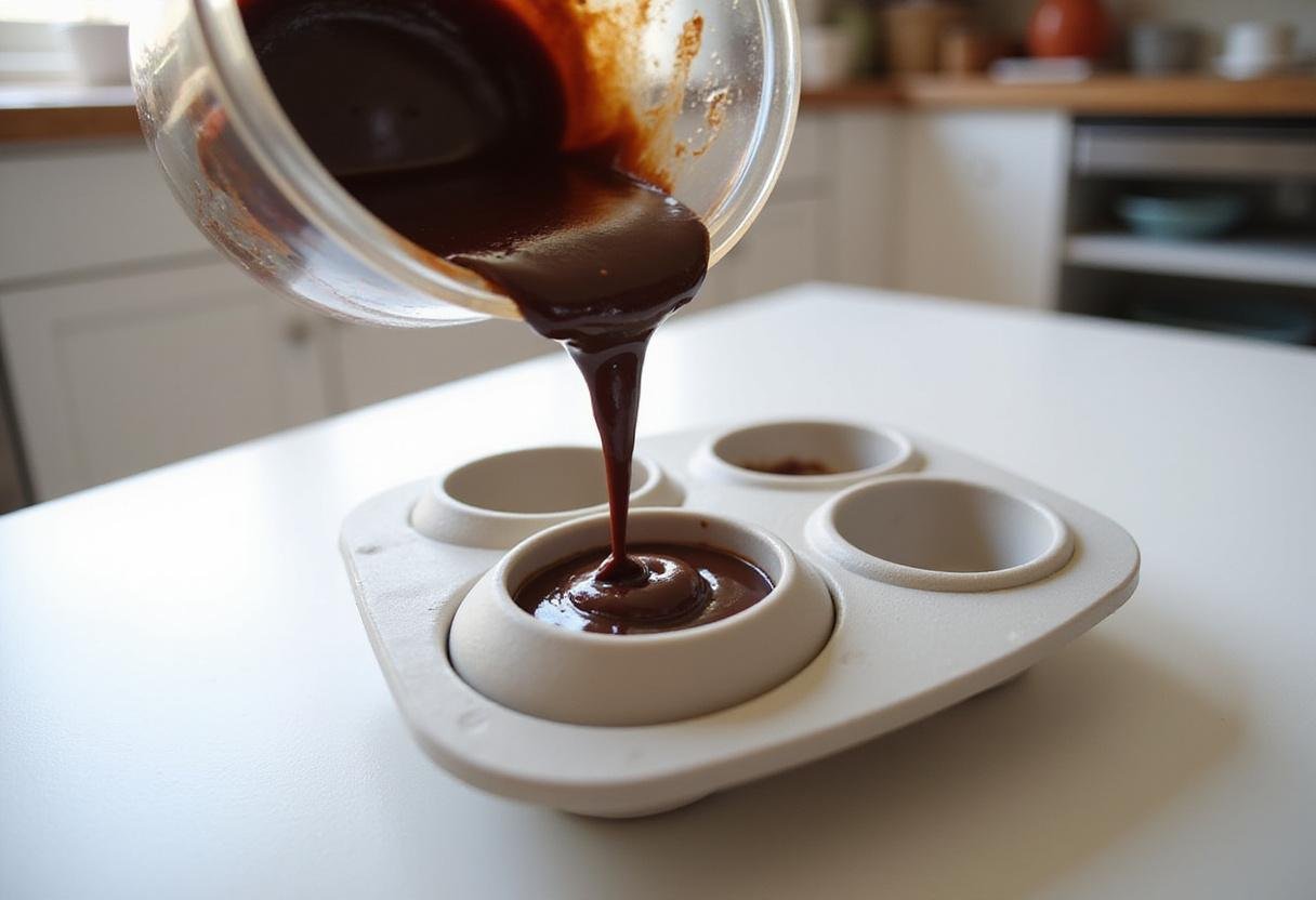 Creating chocolate egg molds with high-quality melted chocolate for a delicious chocolate egg surprise recipe.