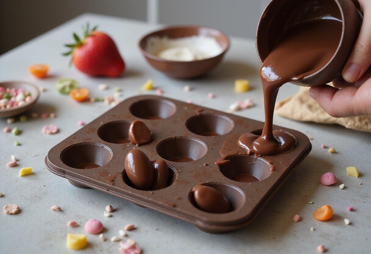 Filling chocolate egg molds with rich ganache for a delightful surprise inside the chocolate egg.