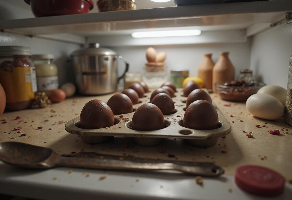 Chilling chocolate eggs in the refrigerator to ensure proper setting for a rich chocolate egg surprise.