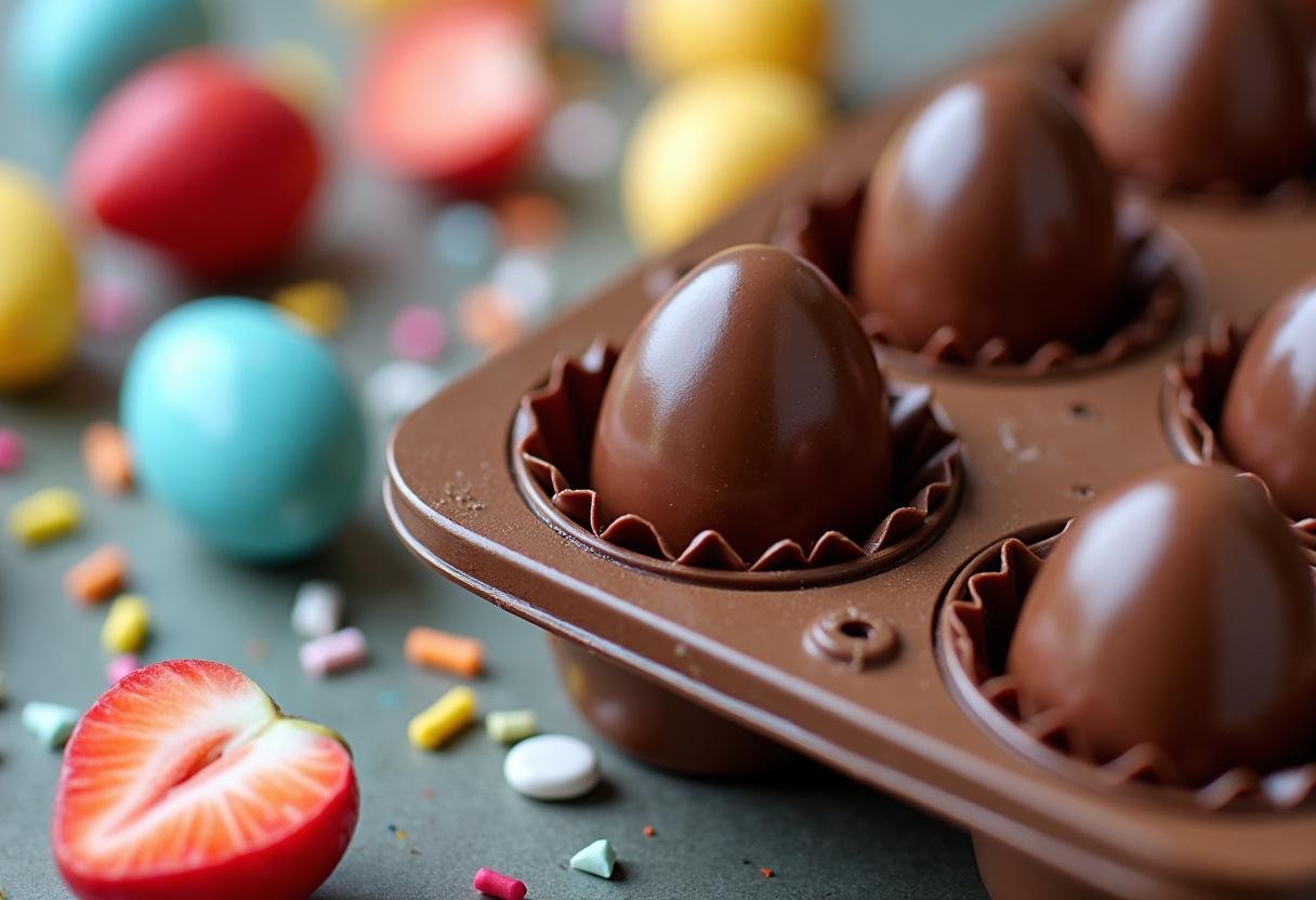 Removing perfectly set chocolate eggs from molds, revealing a glossy and tempting finish for a delightful treat.