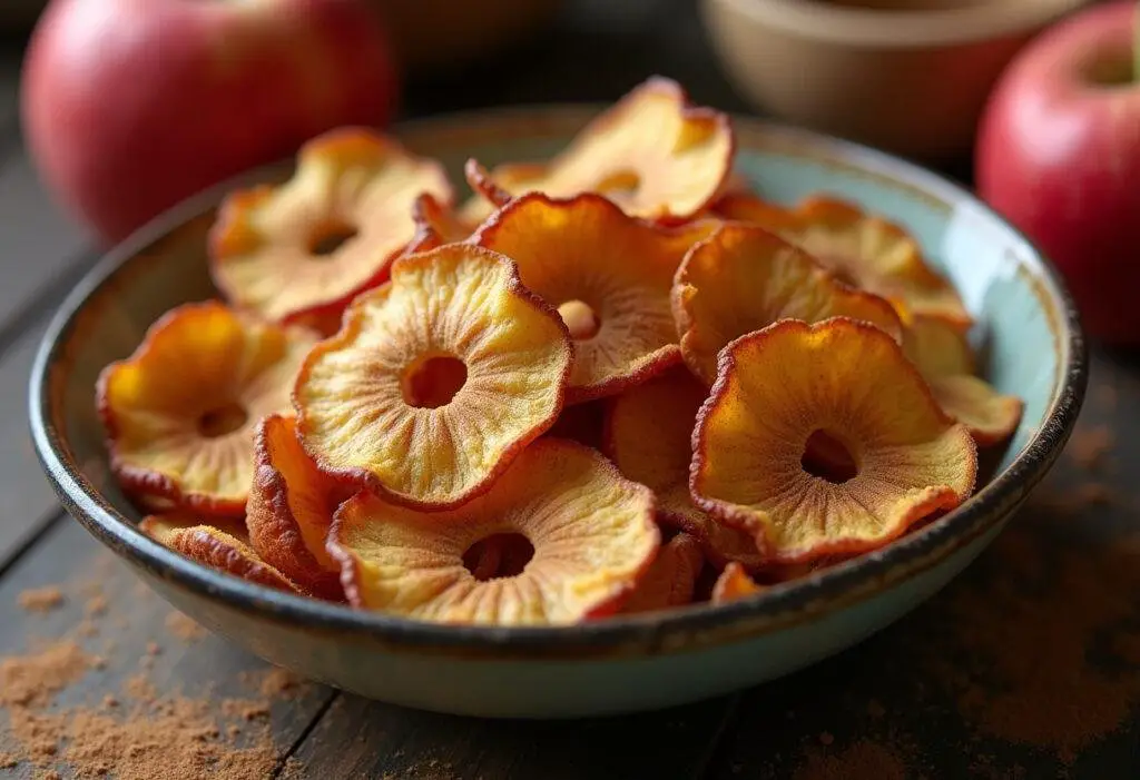 Delicious homemade cinnamon apple chips served on a platter, perfect for snacking.
