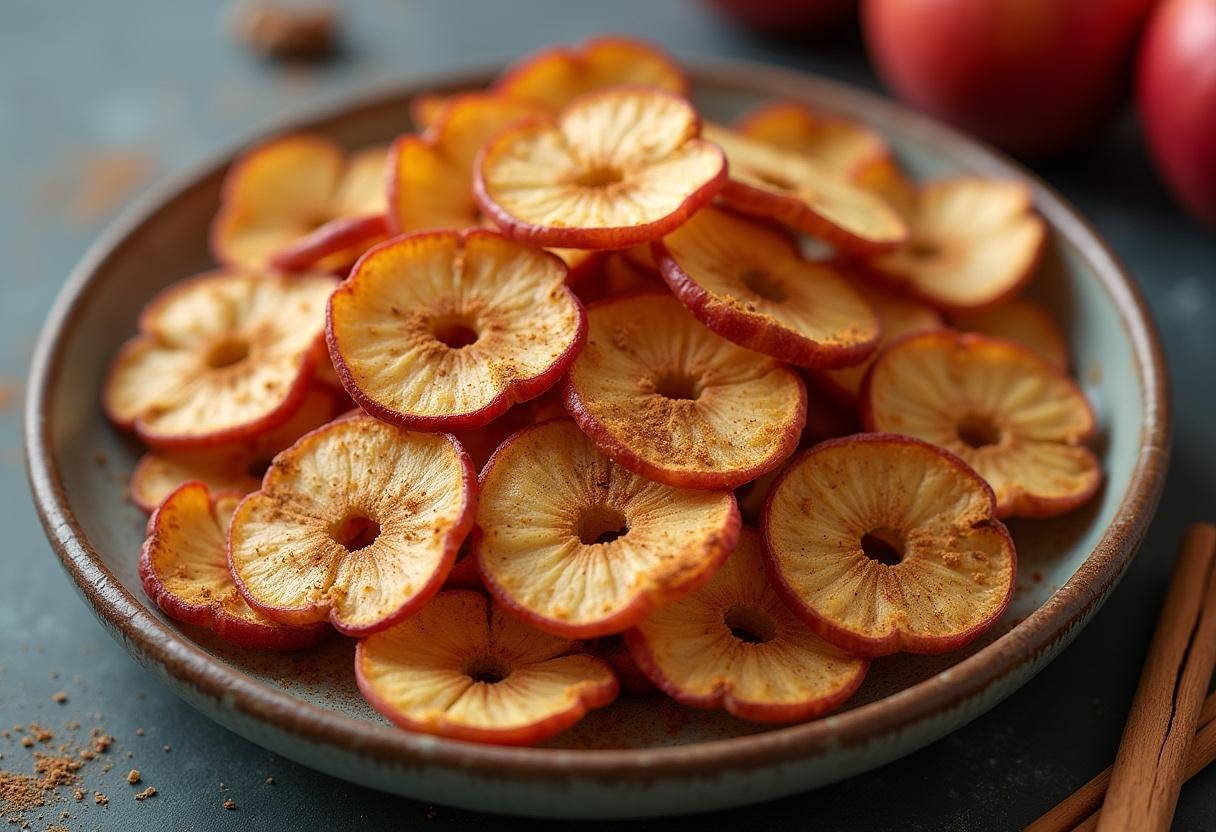 Delicious homemade cinnamon apple chips served on a platter, perfect for snacking.
