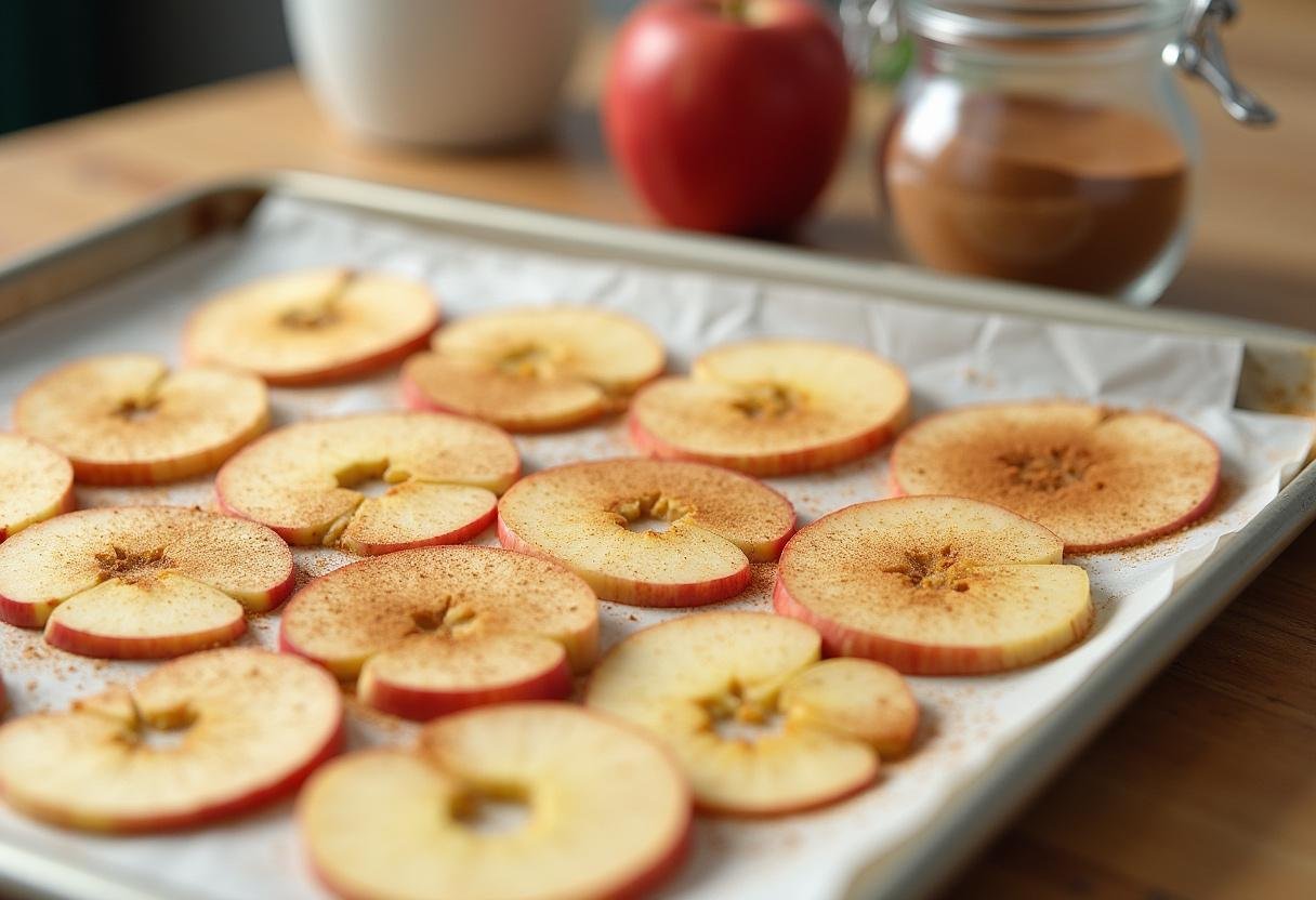 Sliced apples coated with cinnamon and sugar on a baking sheet for cinnamon apple chips.