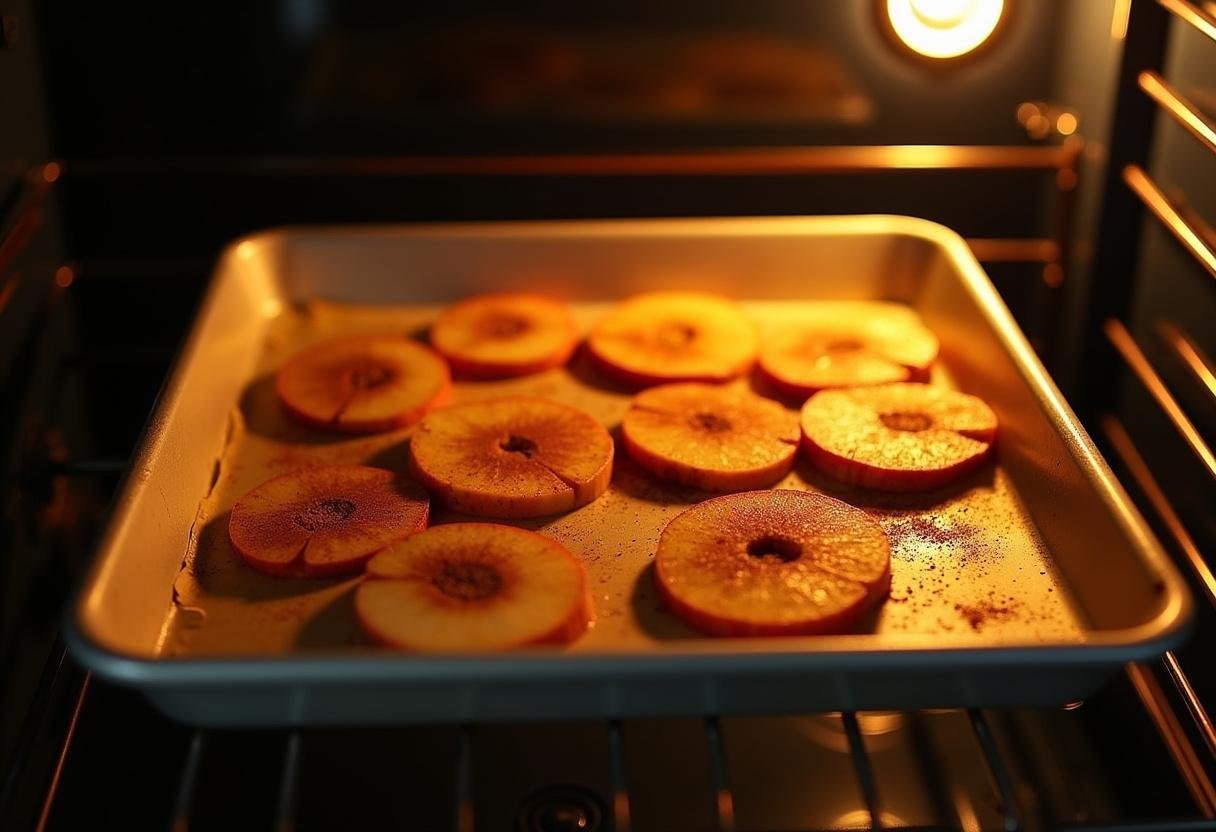 Baking sheet of apple slices ready to be baked into delicious cinnamon apple chips in the oven.
