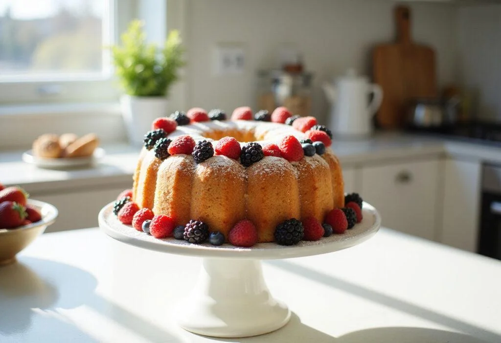 A stunning classic angel food cake displayed on a stand, topped with berries, showcasing the fluffy texture and lightness of this popular cake recipe.