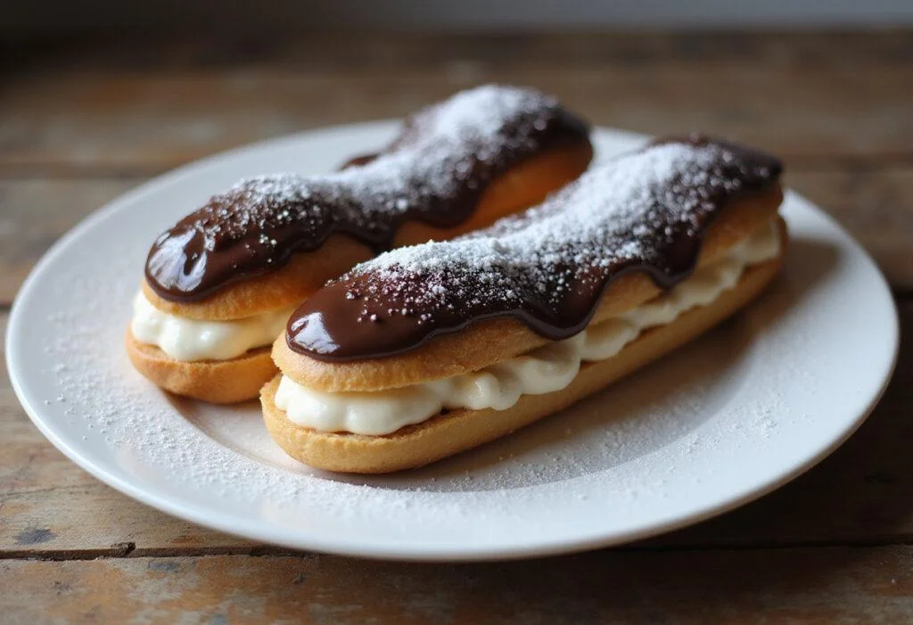 Classic Homemade Eclair Recipe - a stunning display of cream-filled eclair donuts, topped with chocolate ganache and dusted with sugar.