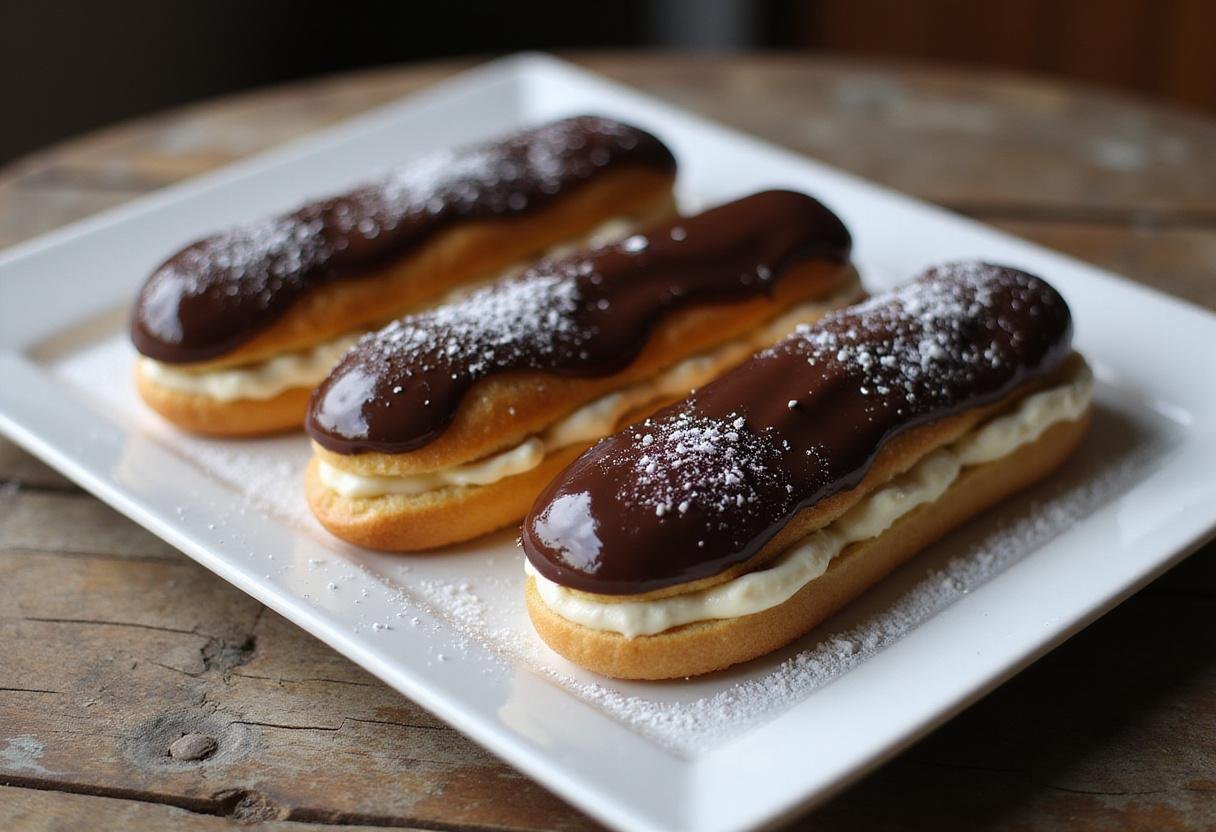 Classic Homemade Eclair Recipe - a stunning display of cream-filled eclair donuts, topped with chocolate ganache and dusted with sugar.