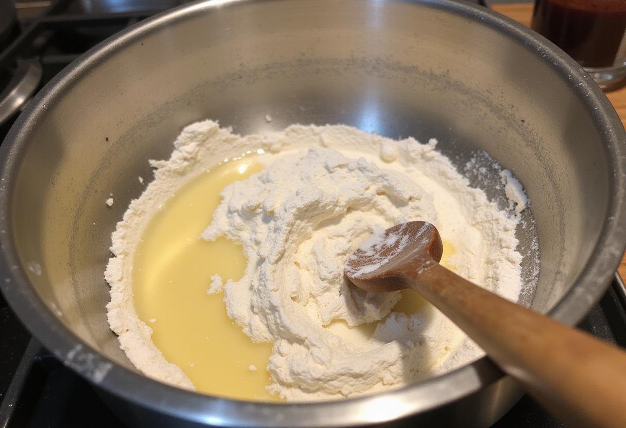 Classic Homemade Eclair Recipe - preparing the dough for eclair donuts with flour, butter, and water in a mixing bowl.