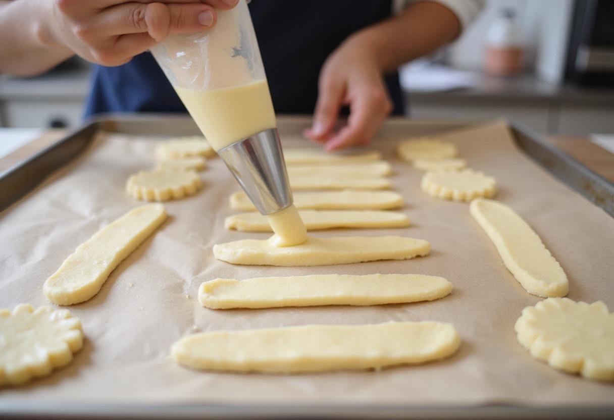 Classic Homemade Eclair Recipe - piping choux pastry onto a baking sheet to create the perfect eclair shape.