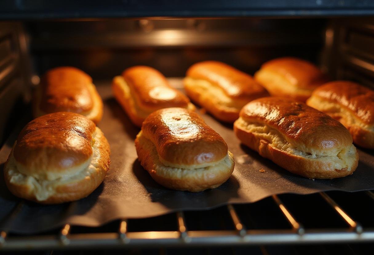 Classic Homemade Eclair Recipe - freshly baked golden-brown eclairs rising beautifully in the oven.