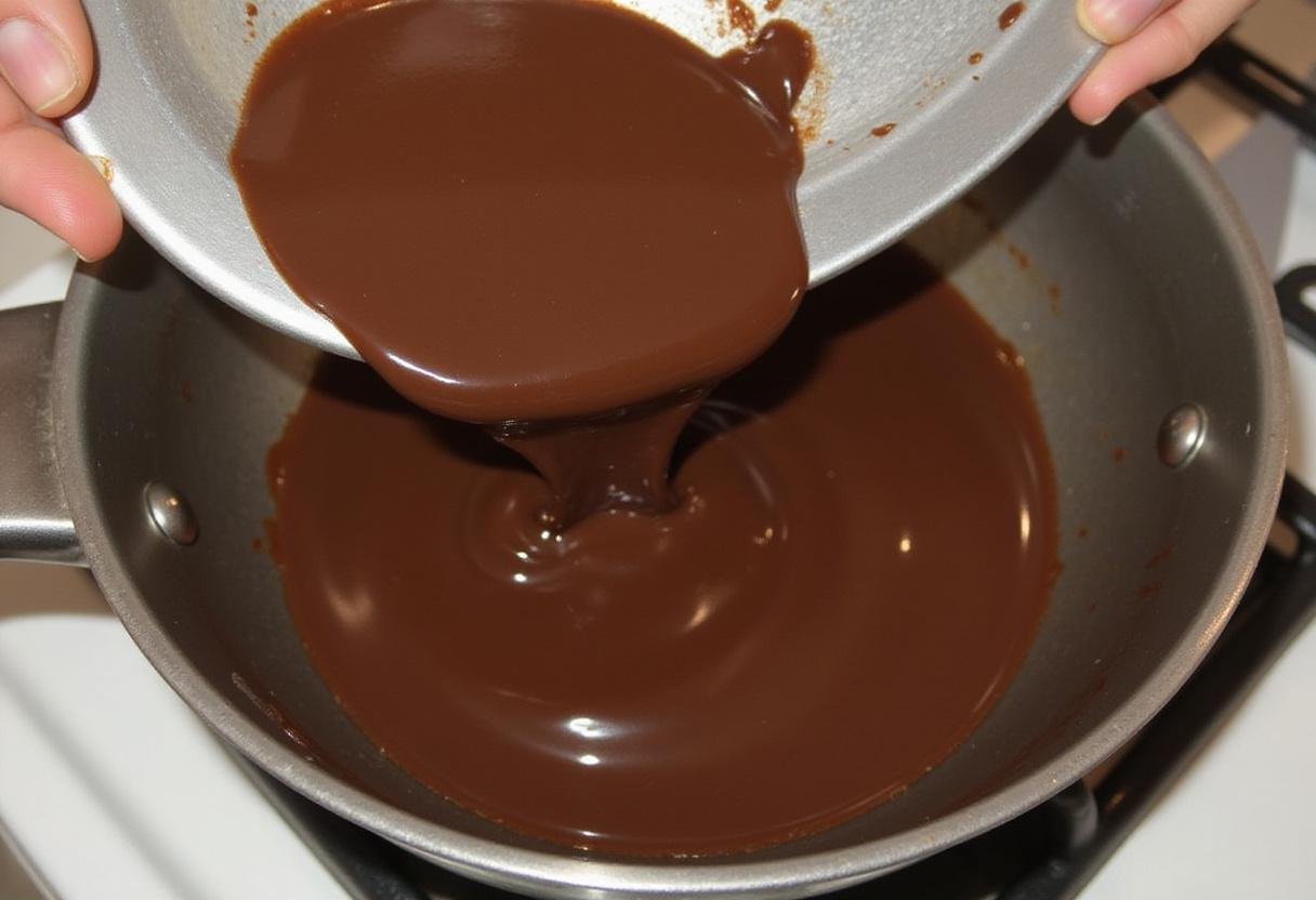 Classic Homemade Eclair Recipe - melting chocolate ganache on the stovetop for glazing the eclair donuts.