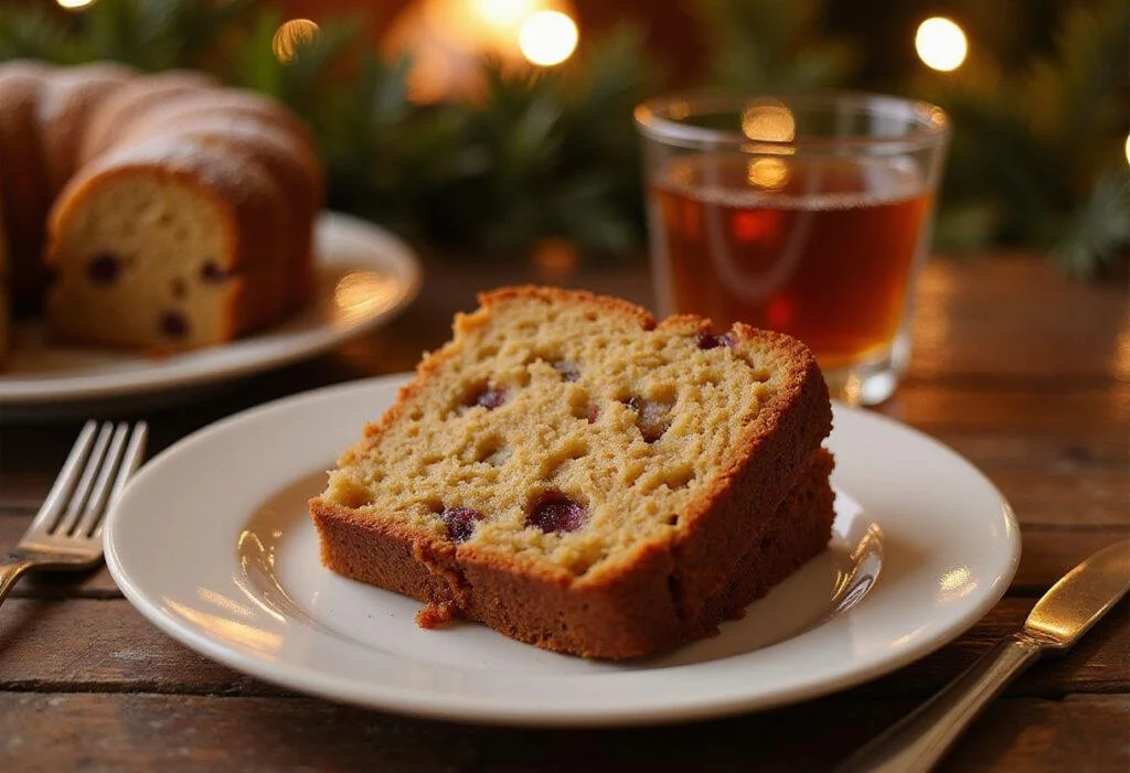 Serving a slice of classic homemade fruitcake in a festive setting, representing the delightful fruitcake recipe perfect for celebrations.