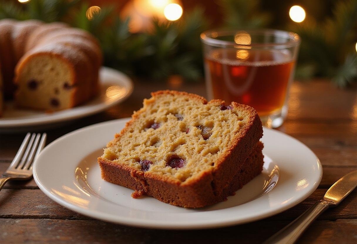 Serving a slice of classic homemade fruitcake in a festive setting, representing the delightful fruitcake recipe perfect for celebrations.
