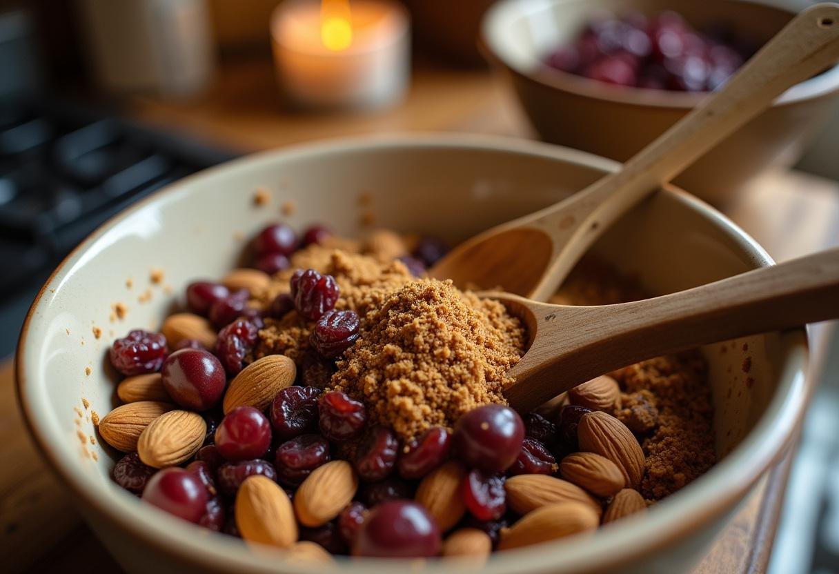 Mixing dried fruits and nuts for a classic homemade fruitcake recipe, showcasing the vibrant fruit cake mix ingredients.