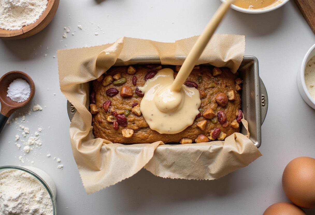 Preparing the batter for fruitcake by pouring into a loaf pan, a traditional step in the fruitcake recipe.