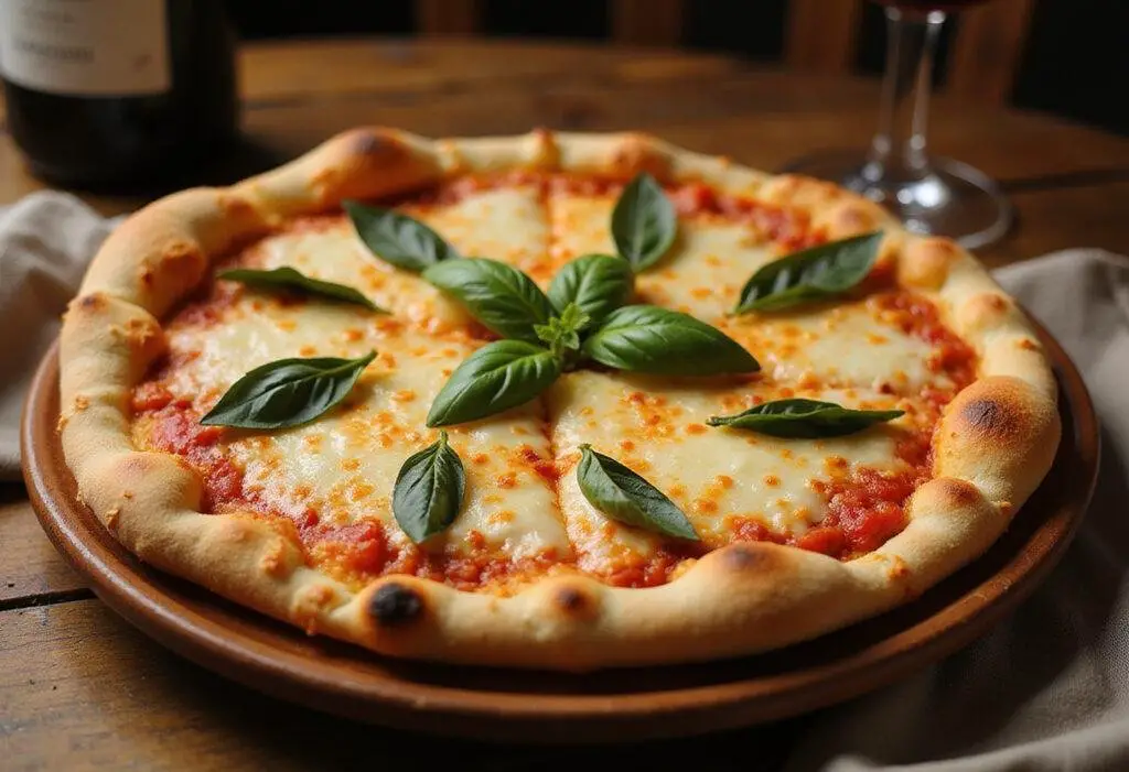 Final presentation of Classic Italian Coppola pizza, perfectly baked with melted cheese and fresh basil, served in a rustic setting.