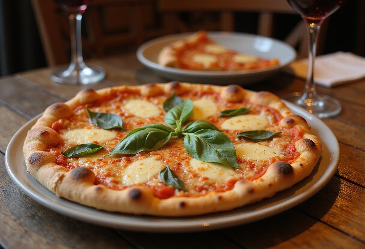 Final presentation of Classic Italian Coppola pizza, perfectly baked with melted cheese and fresh basil, served in a rustic setting.