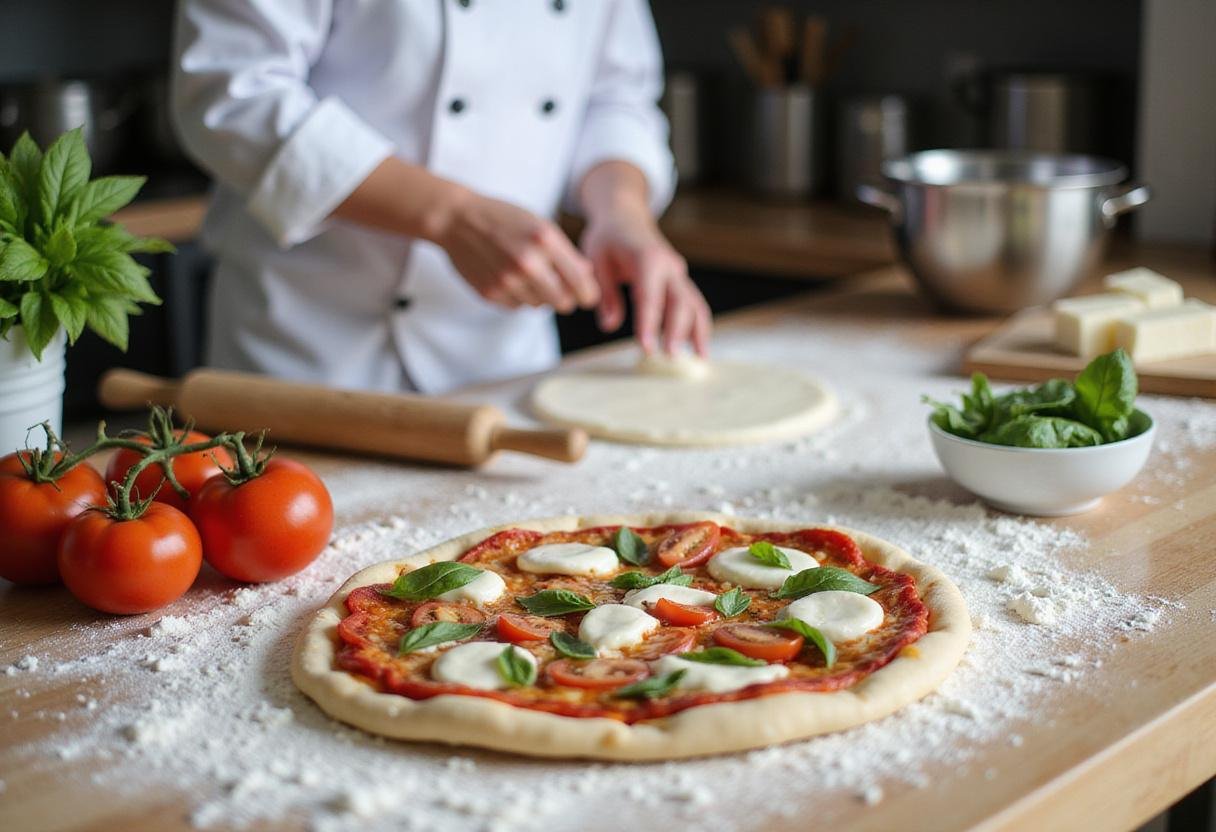 Classic Italian Coppola pizza ingredients on a countertop, highlighting flour, tomatoes, and mozzarella cheese with a chef preparing the dough.