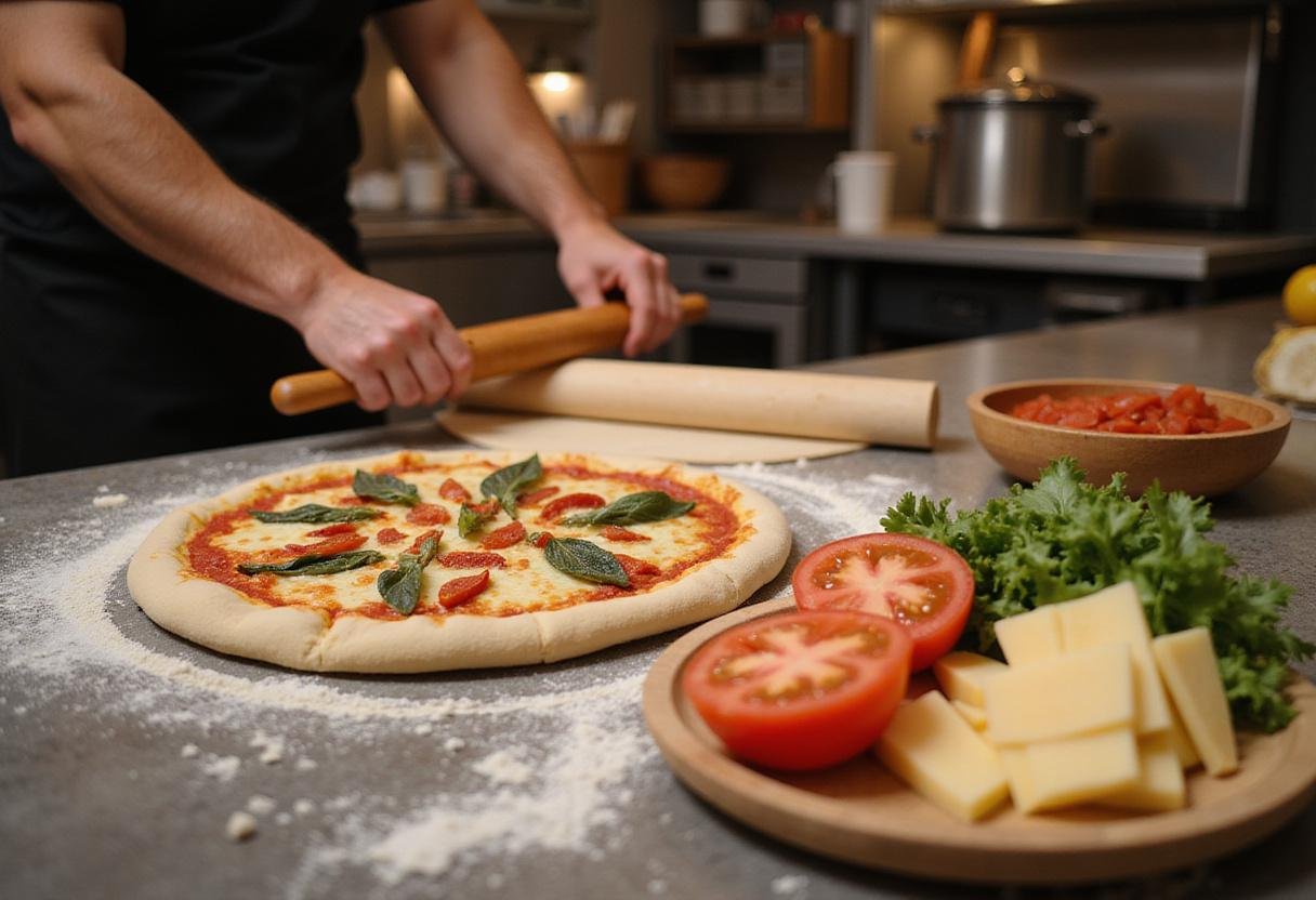 Chef rolling out pizza dough for Classic Italian Coppola pizza, with fresh tomatoes and mozzarella cheese ready to be used in the recipe.