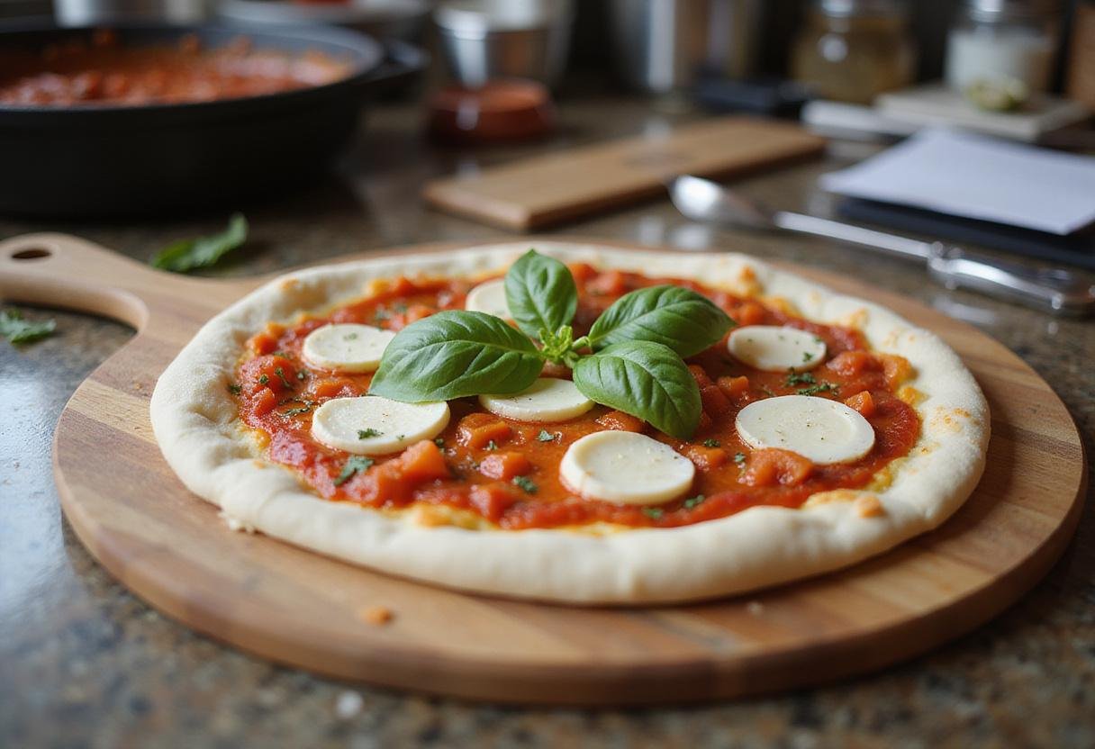 Assembling Classic Italian Coppola pizza on a wooden peel with tomato sauce, mozzarella cheese, and fresh basil for a delicious presentation.