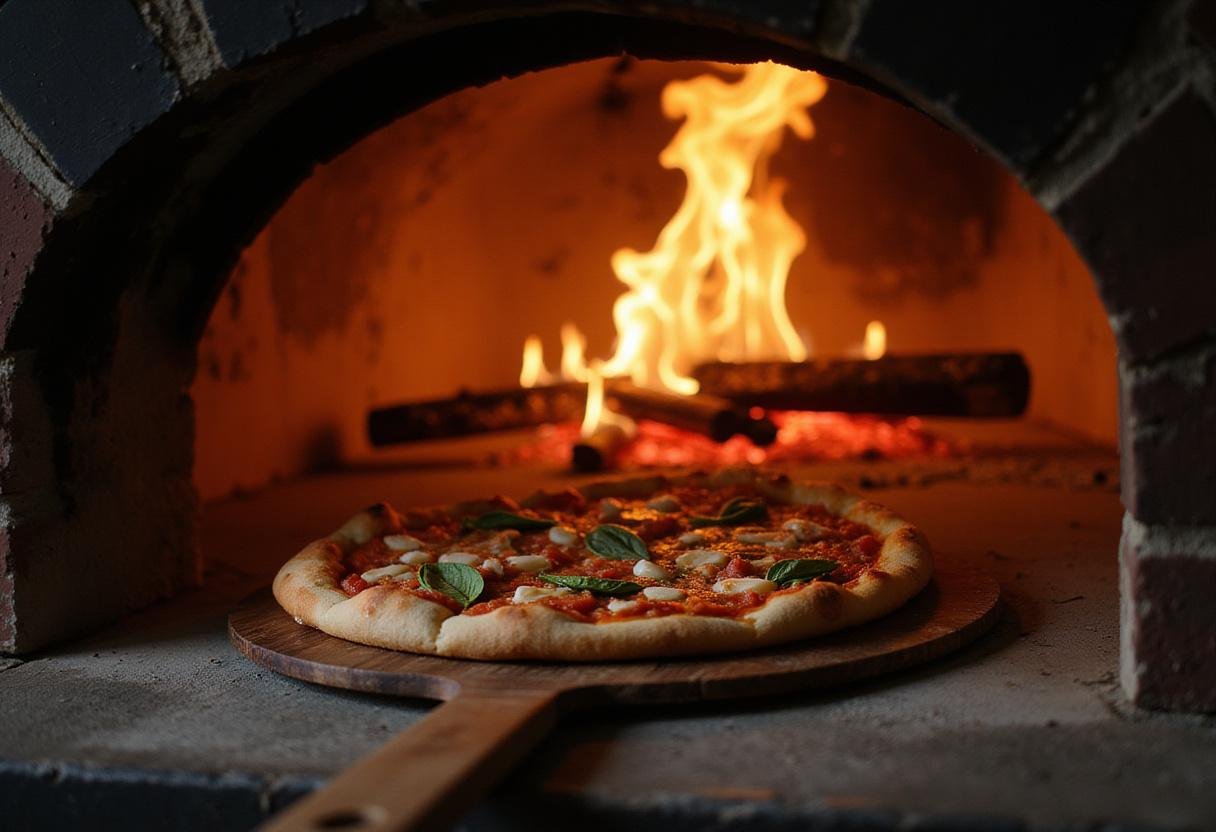 Chef placing Classic Italian Coppola pizza into a hot brick oven, capturing the traditional cooking method and the inviting glow of the flames.
