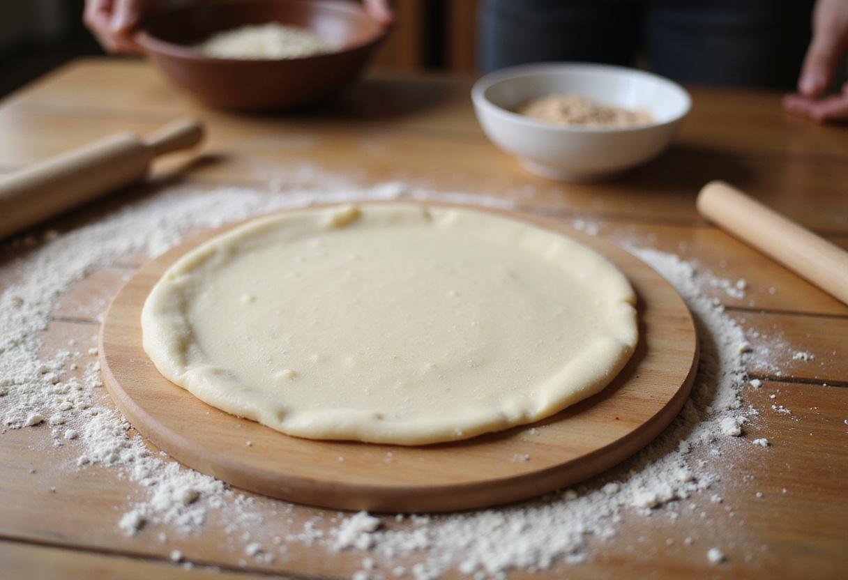Classic Enfield pizza preparation with rolled out dough on a wooden board, showcasing ingredients for Enfield CT pizza.