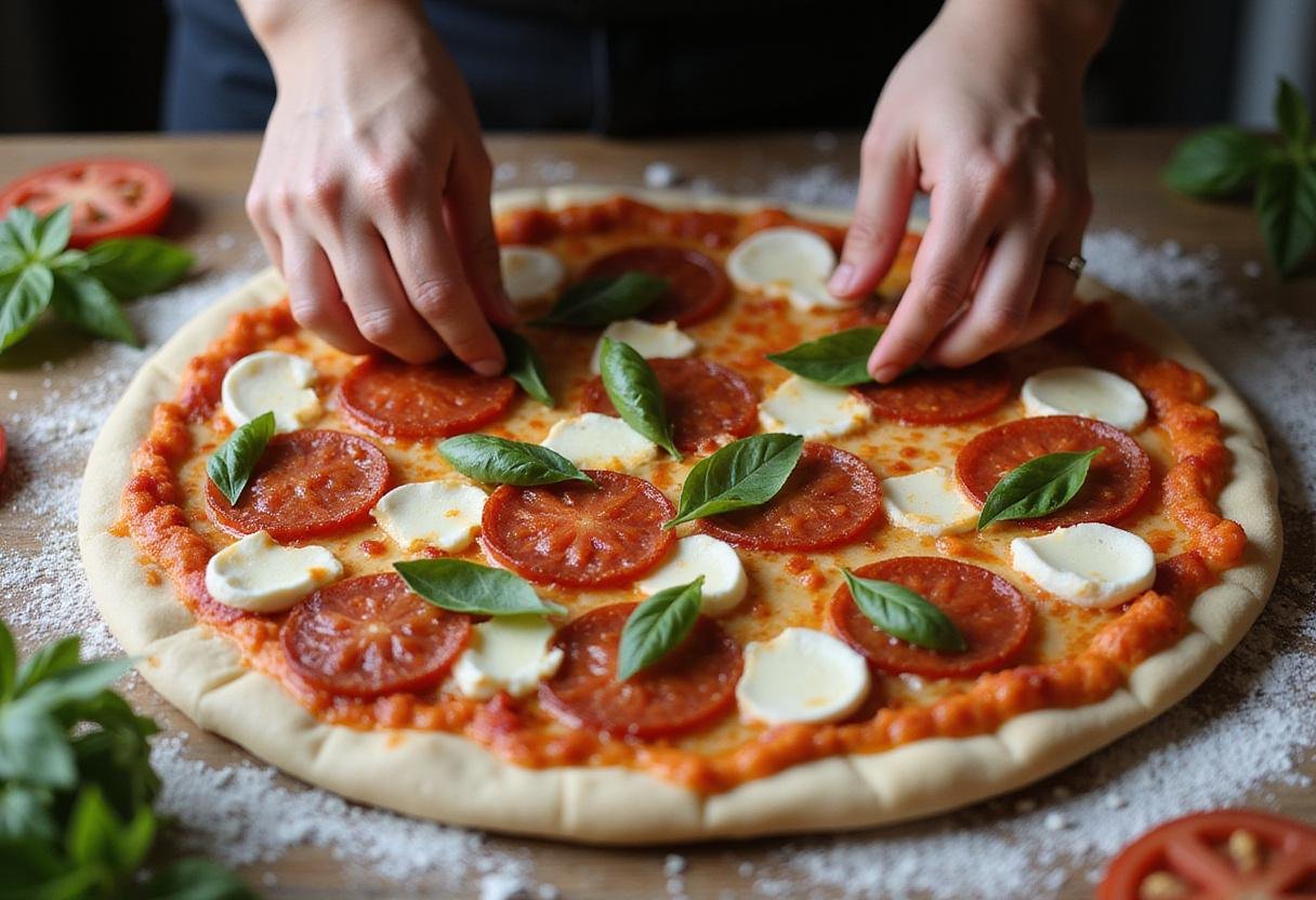 Spreading tomato sauce on classic Enfield pizza dough, featuring fresh ingredients common in Enfield CT pizza recipes.