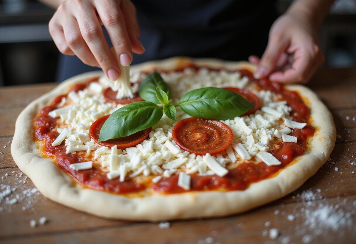 Adding mozzarella cheese and toppings to Enfield pizza, capturing the essence of classic pizza recipes from Enfield CT.