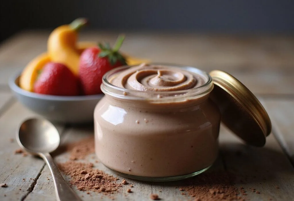 Delicious cocoa butter cream displayed in a jar, perfect for moisturizing or culinary use, with fresh fruits on the side.