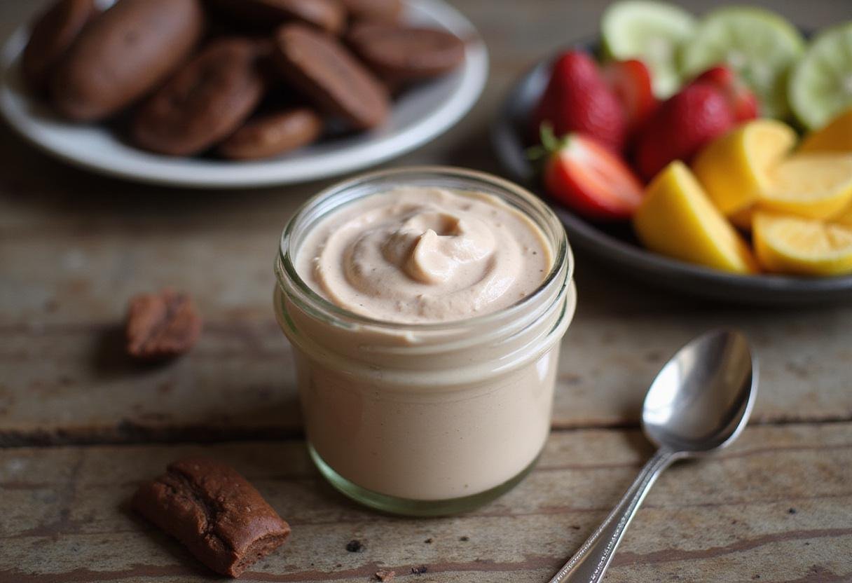 Delicious cocoa butter cream displayed in a jar, perfect for moisturizing or culinary use, with fresh fruits on the side.