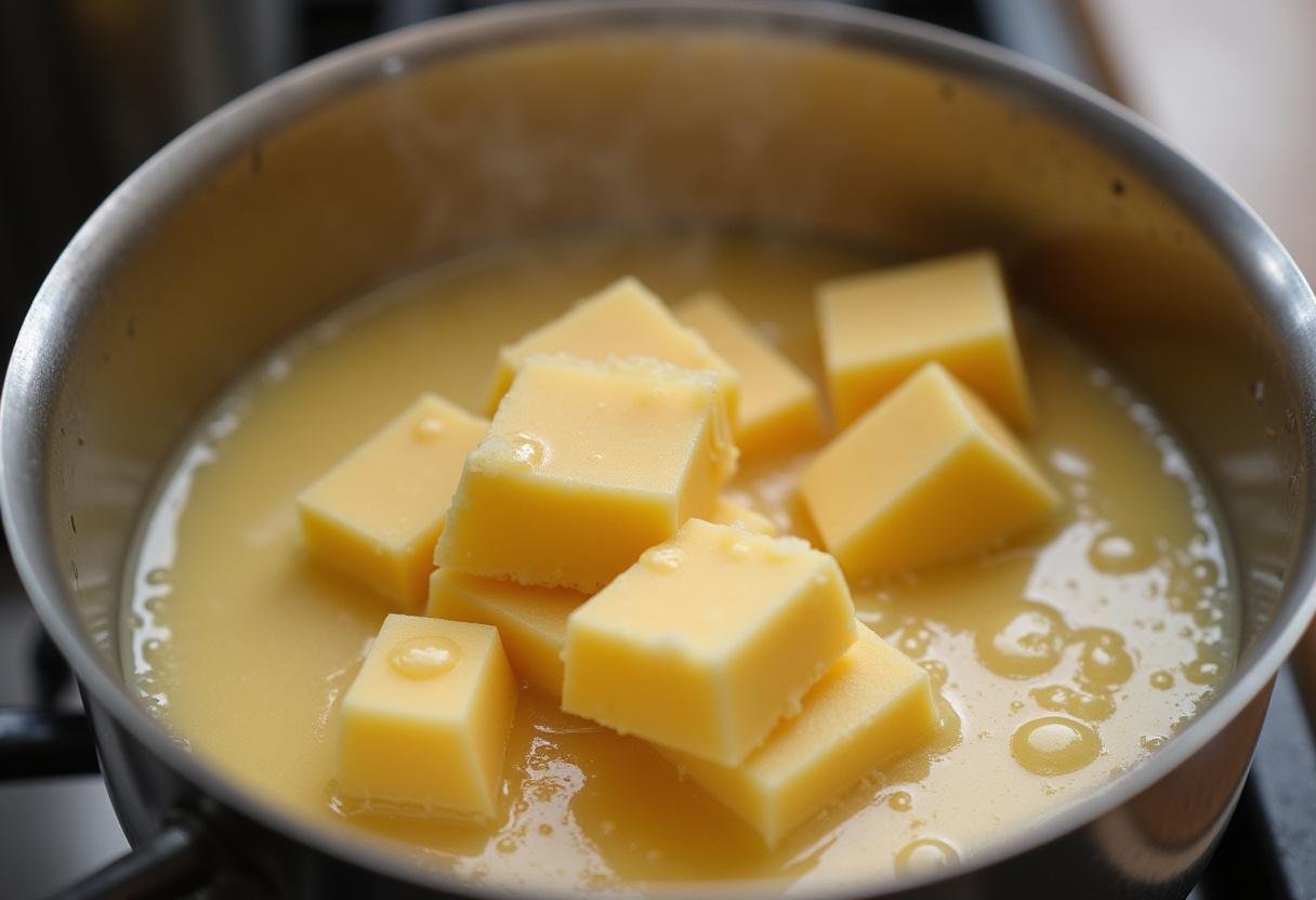 Melting cocoa butter in a bowl over simmering water for cocoa butter cream preparation.