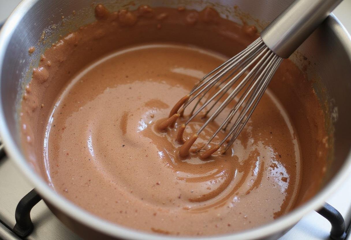Whisking melted cocoa butter and organic coconut oil together for a rich cocoa butter cream texture.