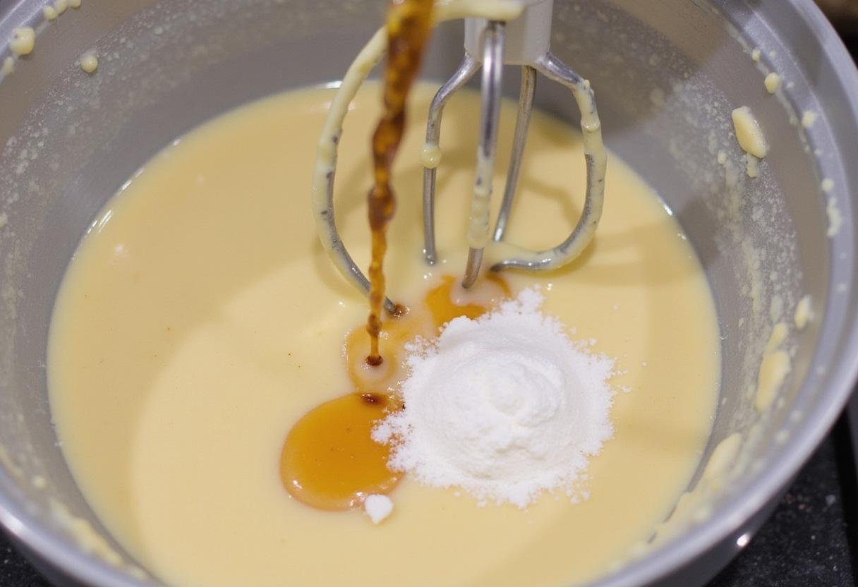 Combining melted cocoa butter, vanilla extract, and powdered sugar in a mixer for creamy cocoa butter cream.
