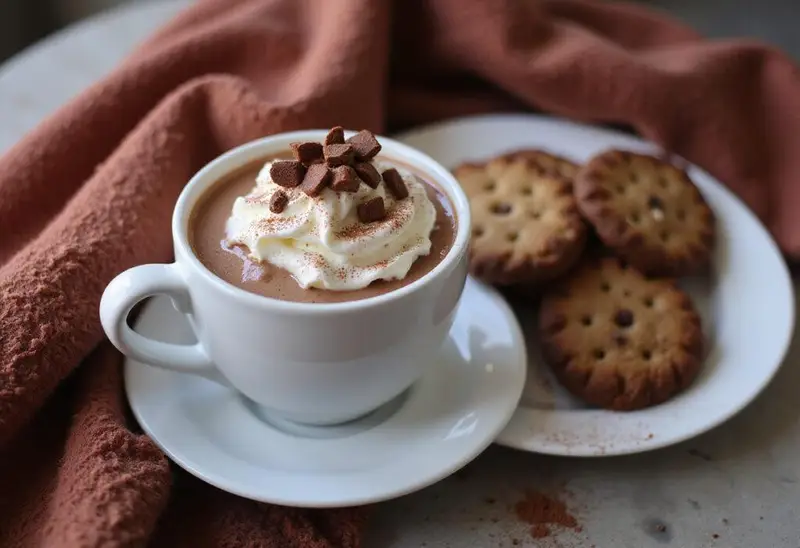 Final presentation of creamy hot chocolate dip in a cozy setting, perfect for a warm indulgent treat.