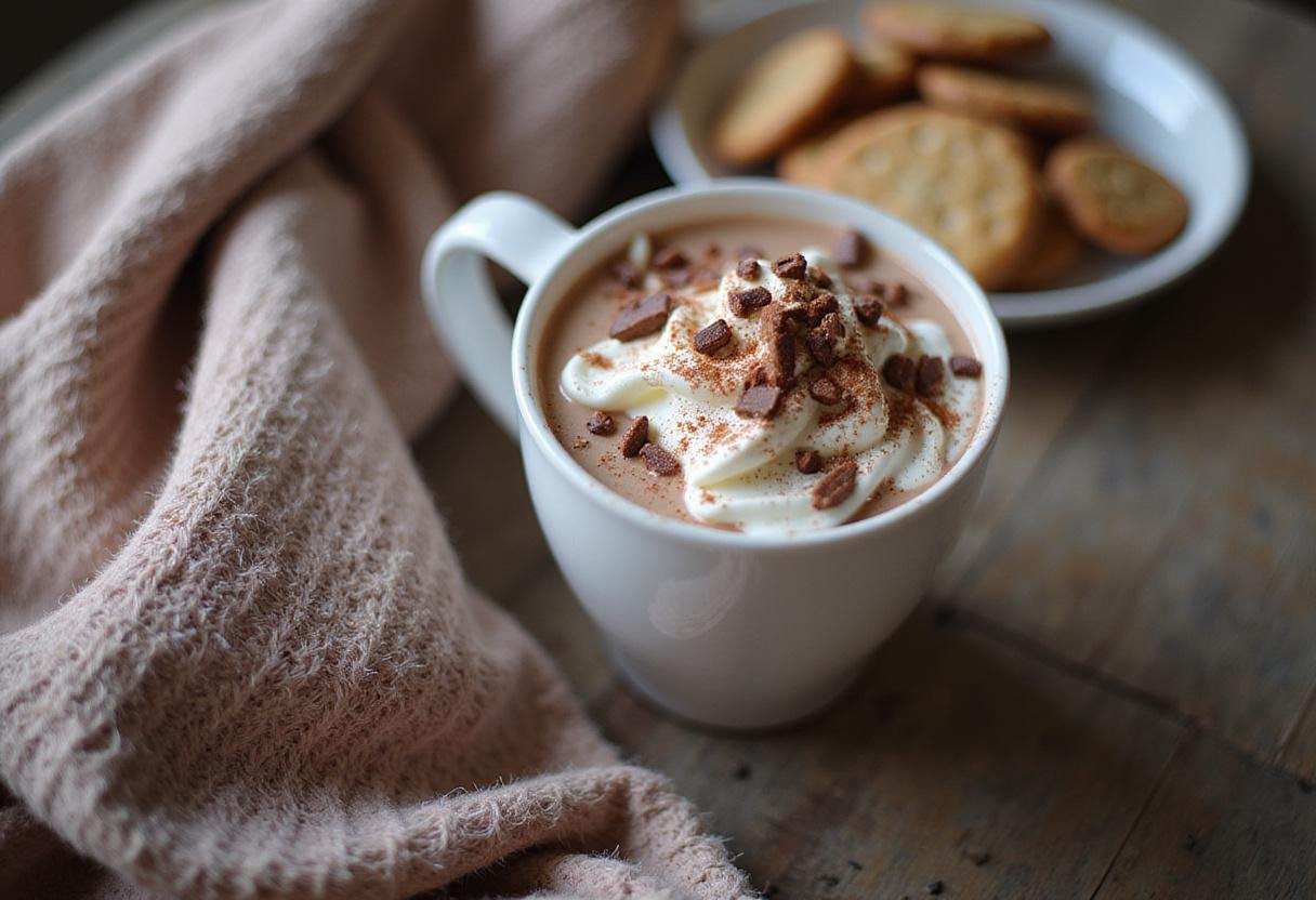Final presentation of creamy hot chocolate dip in a cozy setting, perfect for a warm indulgent treat.