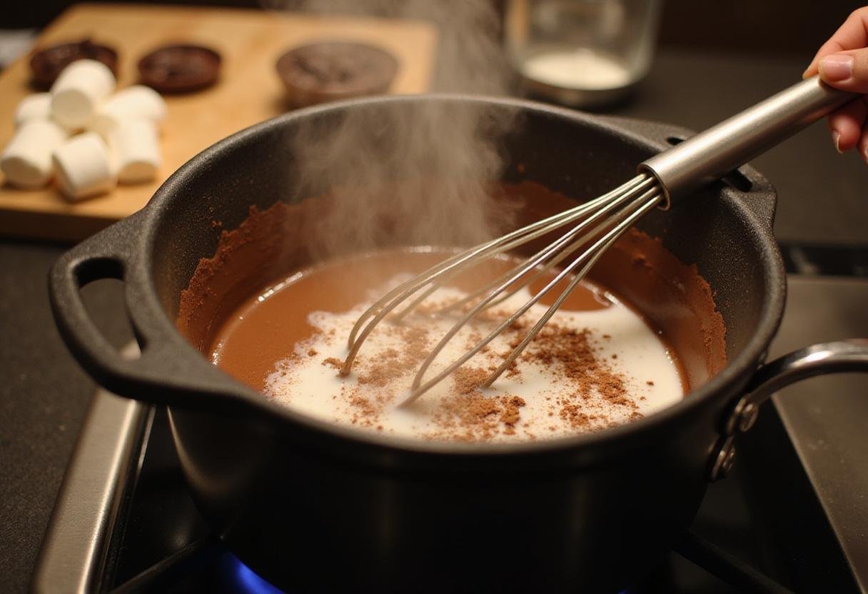 Rich hot chocolate dip being prepared with cocoa powder and milk in a cozy kitchen setting.