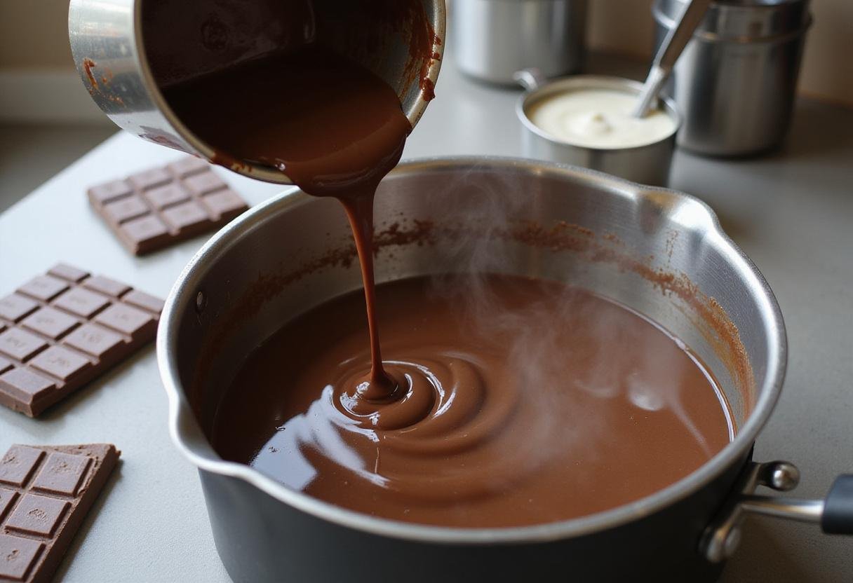 Melted chocolate being incorporated into hot chocolate dip for a creamy texture in a warm kitchen.