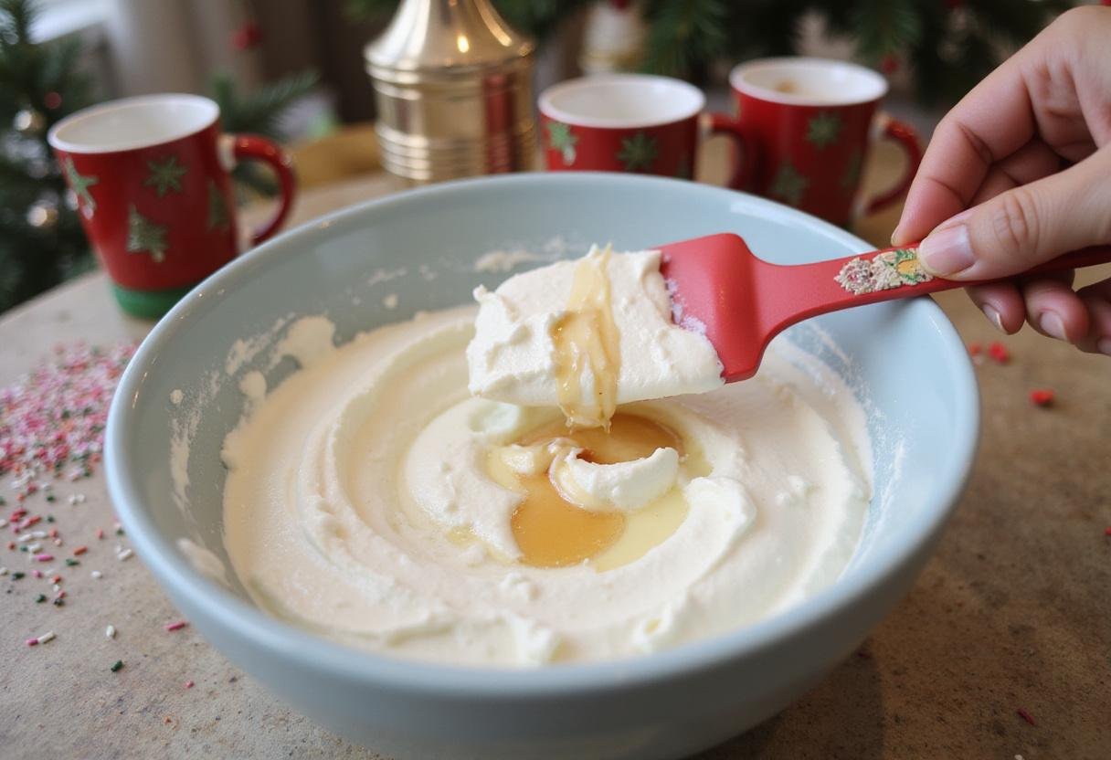 Whipped cream being made for a creamy hot chocolate dip, surrounded by festive kitchen decor.