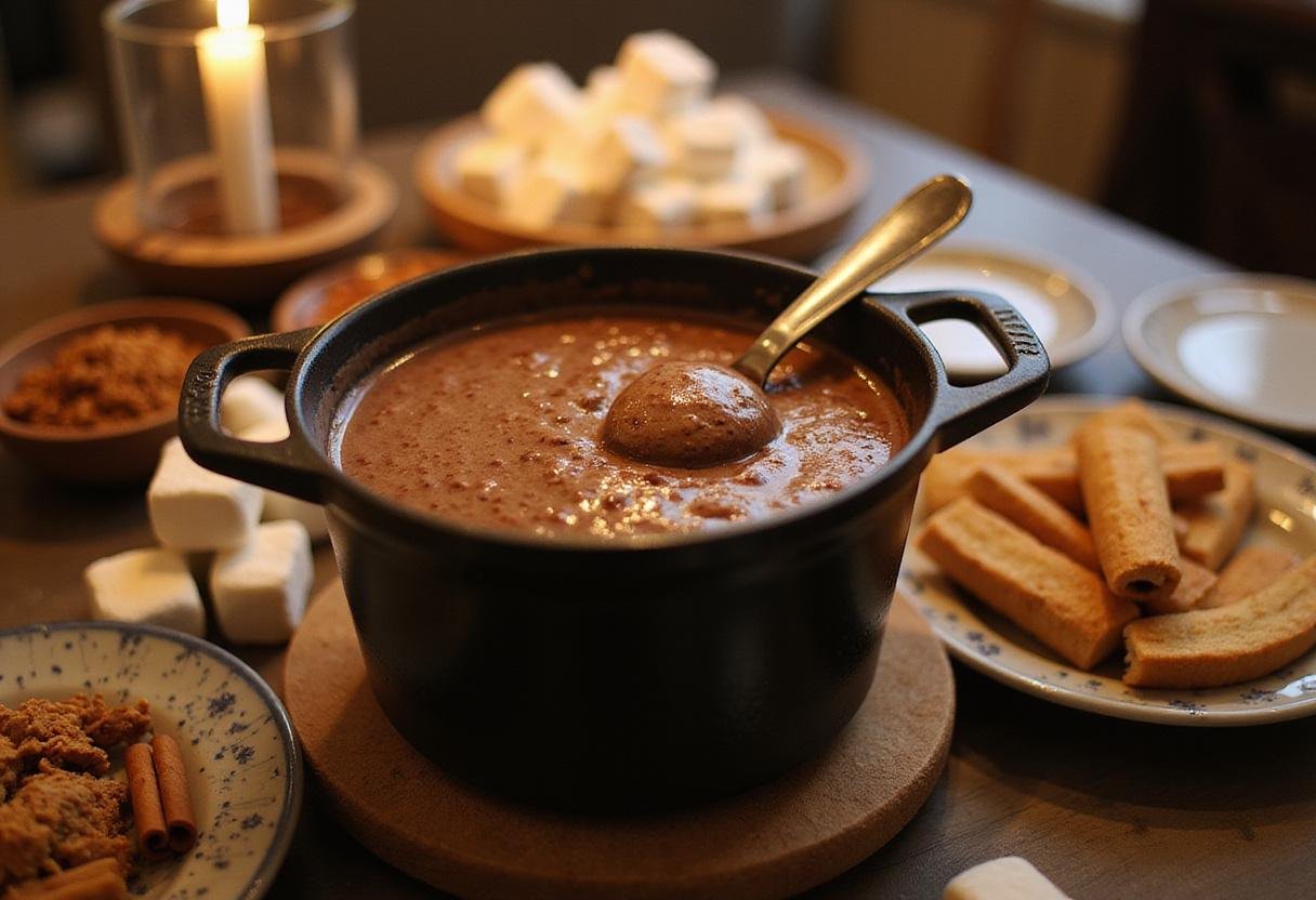 Delicious creamy hot chocolate dip ready to serve, accompanied by toppings in a charming kitchen atmosphere.