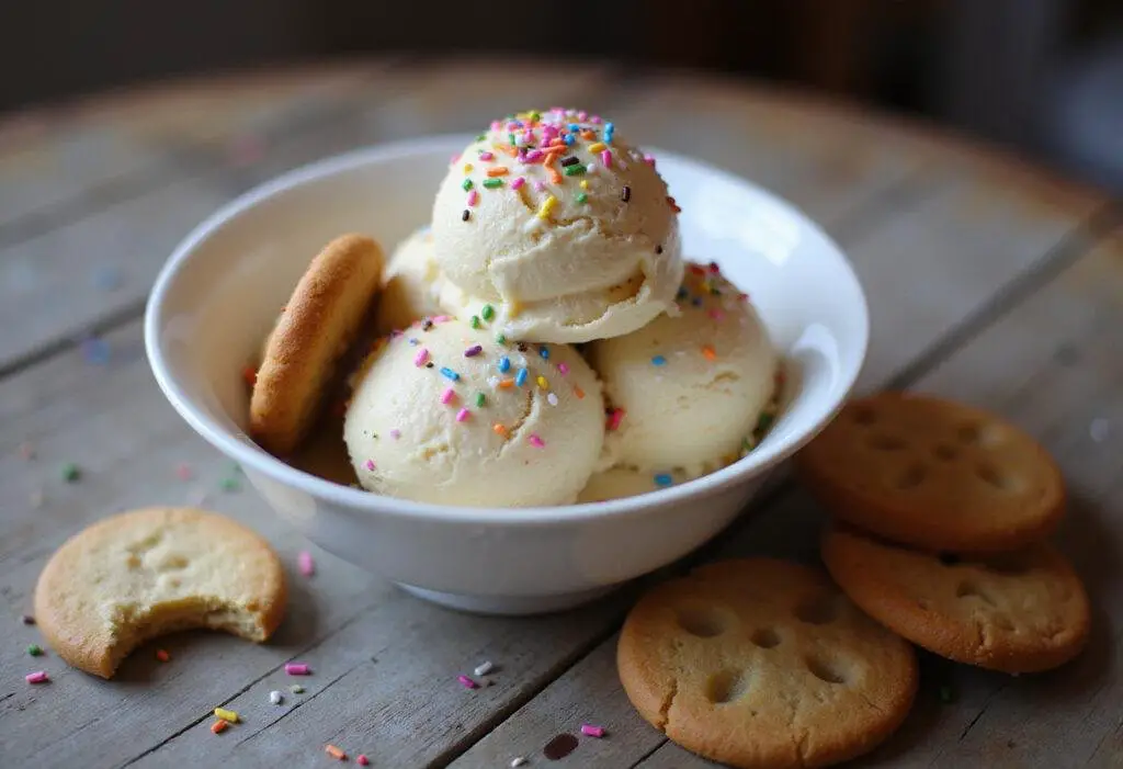 Final presentation of creamy ice cream with colorful sprinkles and cookies, showcasing the indulgent ice cream cookies strain.