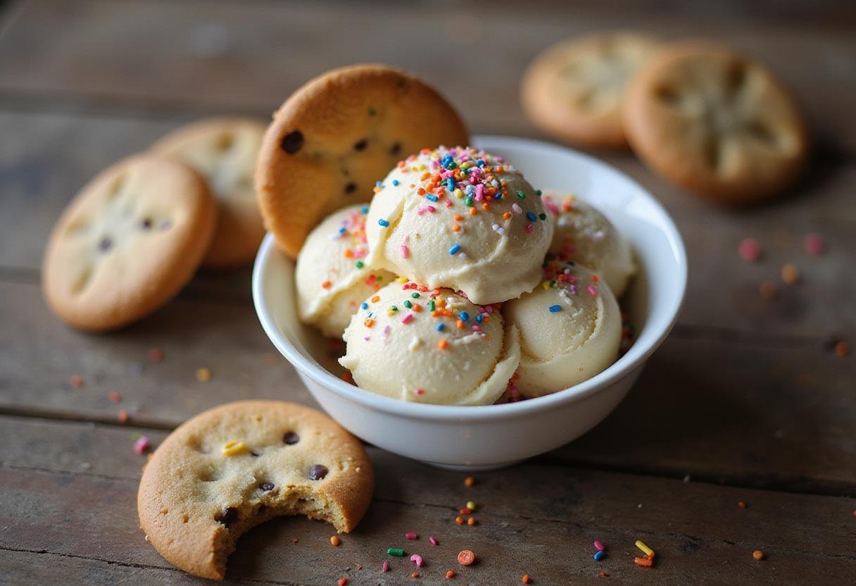 Final presentation of creamy ice cream with colorful sprinkles and cookies, showcasing the indulgent ice cream cookies strain.