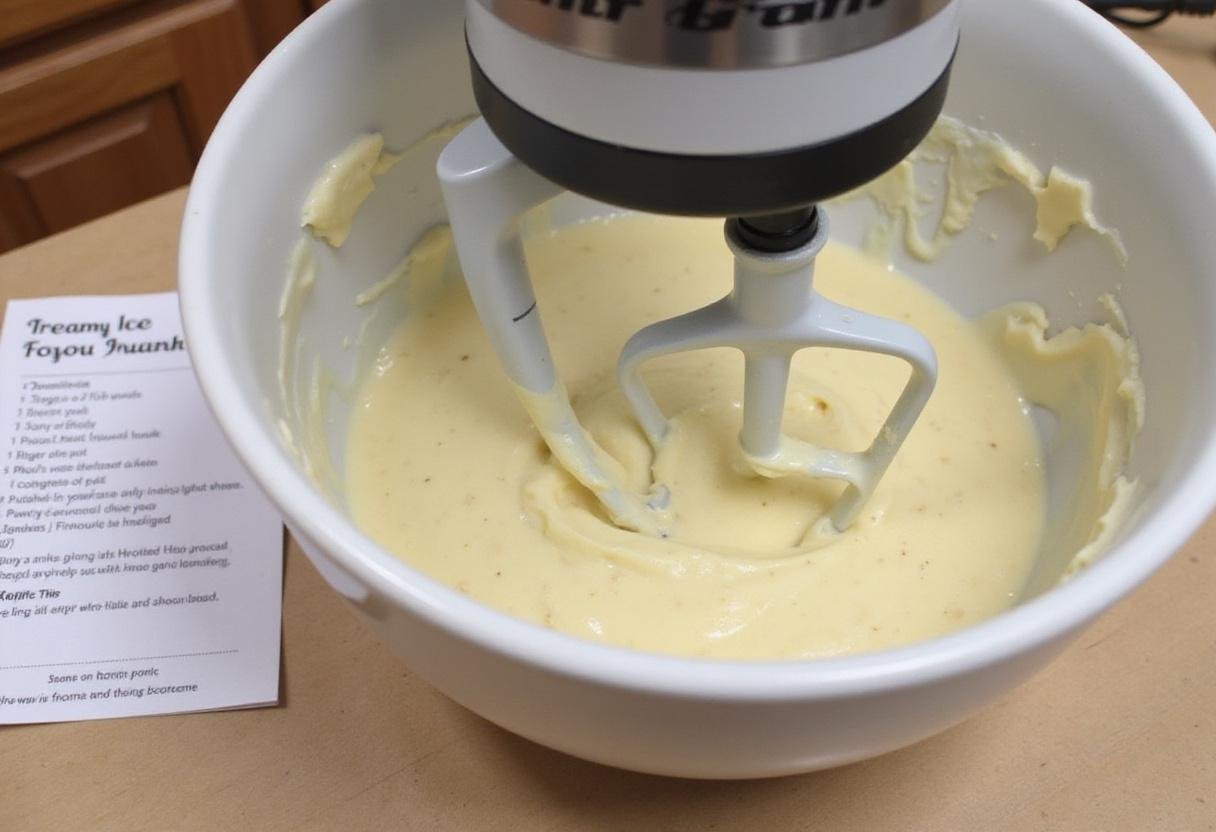 Mixing the creamy ice cream base with an electric mixer for the perfect ice cream cookies strain.