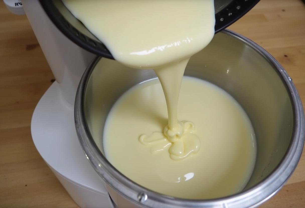 Pouring the mixed creamy ice cream base into an ice cream maker for a sweet ice cream cookies strain.