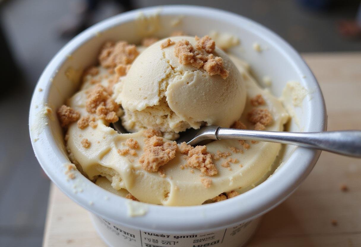 Filling a container with creamy ice cream and topping it with cookie crumbs, creating a delightful ice cream cookies strain.